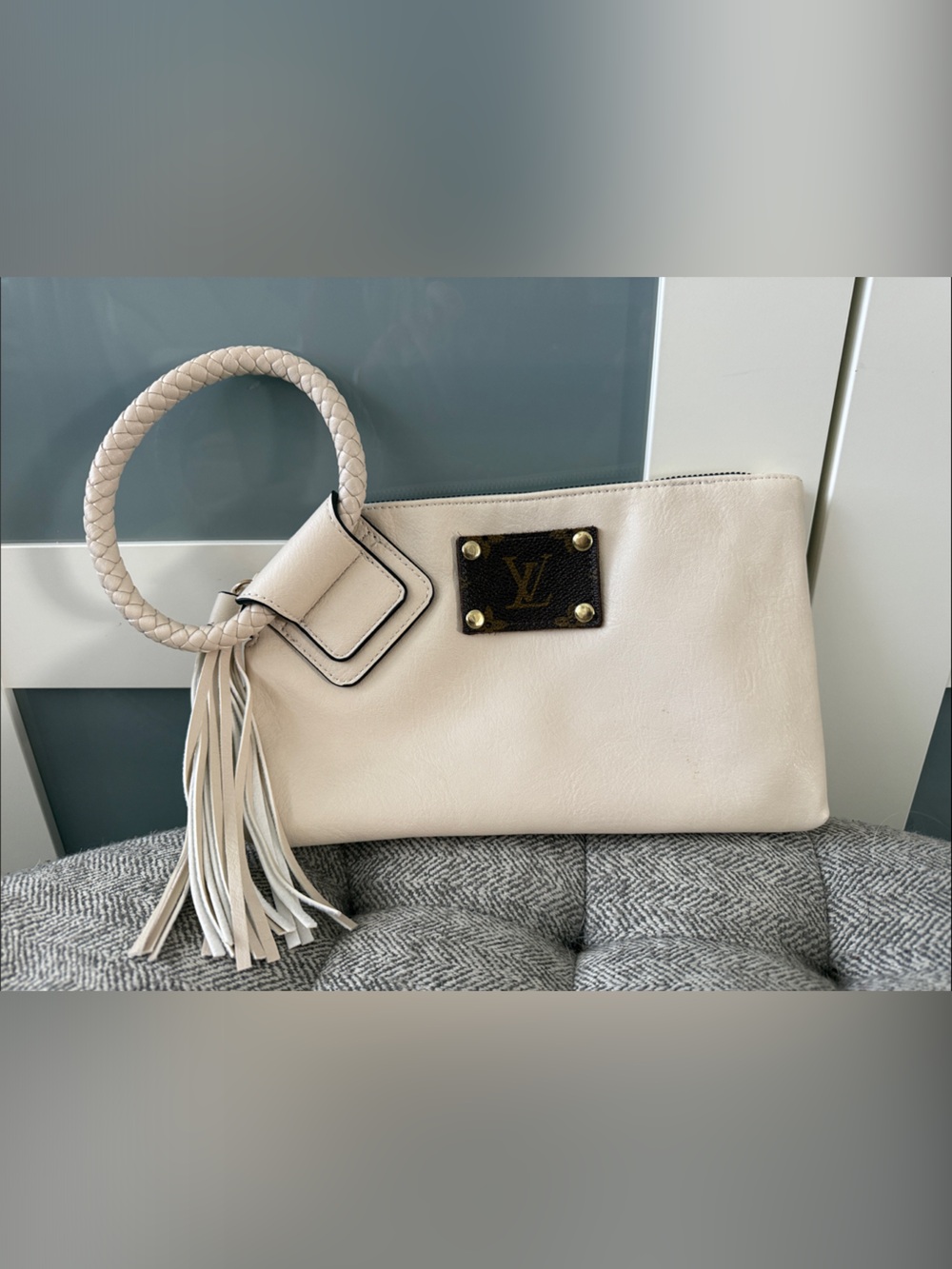 Cream Leather Wristlet with Braided Handle and Tassel